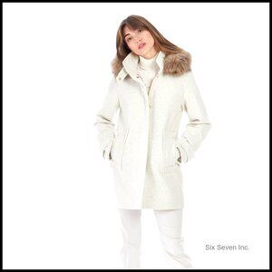 Mid-Length Faux Wool Coat with Detachable Hood and Flap Pockets